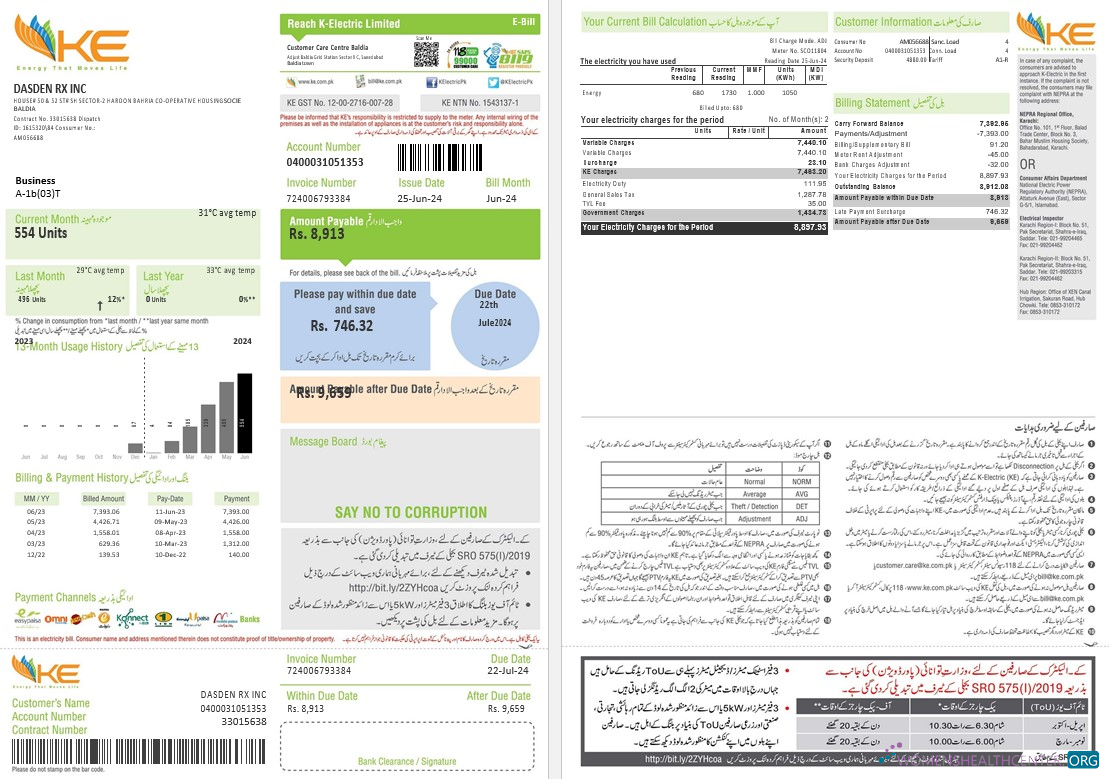 Pakistan KE Electricity business utility bill template in Word and PDF formats, 2 pages